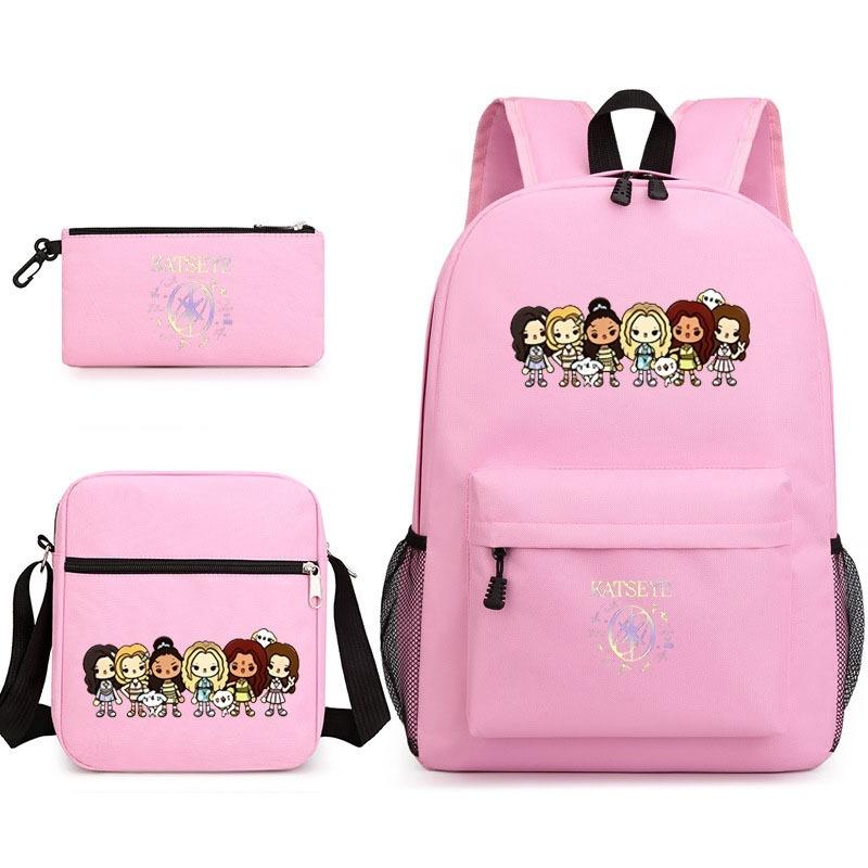 Katseye Music Gruppo di Ragazze Zaino Scolastico Borsa Pranzo Astuccio Set per Studenti Cartone Animato 3-in-1