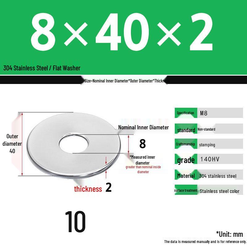 304 Stainless Steel Thickened Flat Washer Set, Sizes 2-36