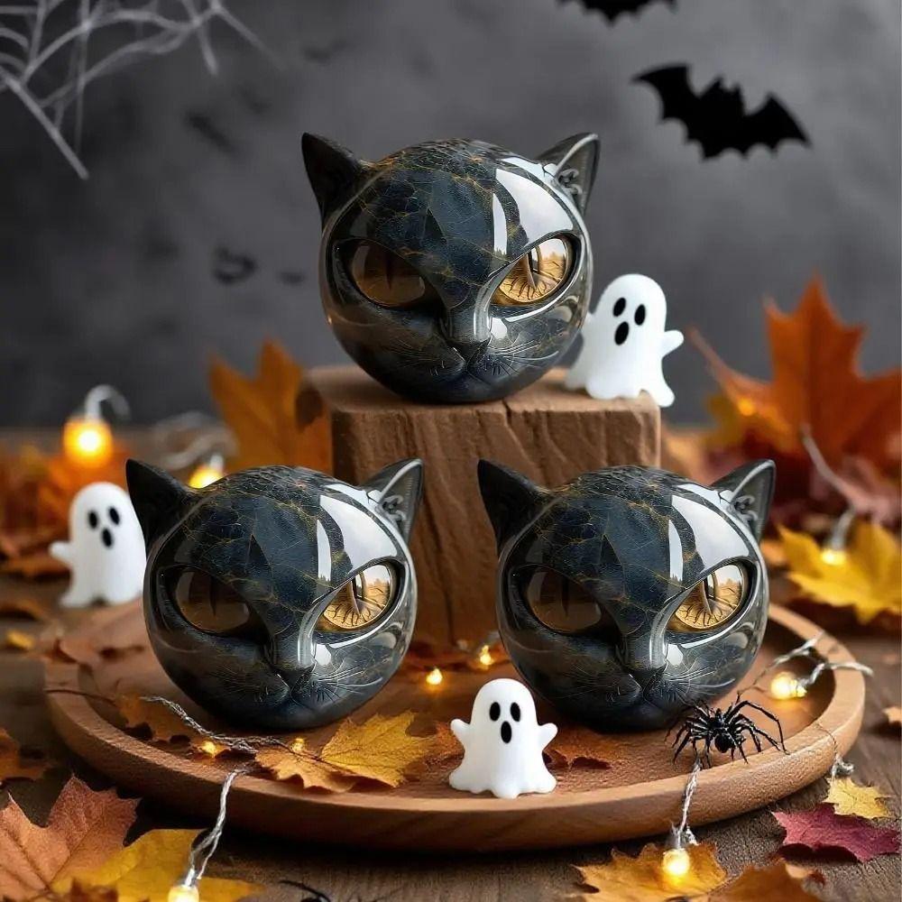 Amber Eyes Black Cat Stone Figurine Resin Hand-Carved Cat Stone  Halloween Decor