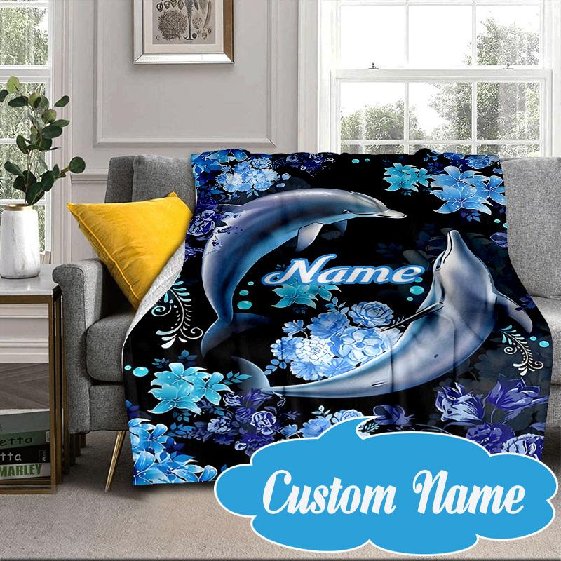 Custom Name Love Dolphins Heart Blanket bed sofa Blanket Flannel Blanket for Camping, Hiking, Picnic Essentials,gift for Fan family