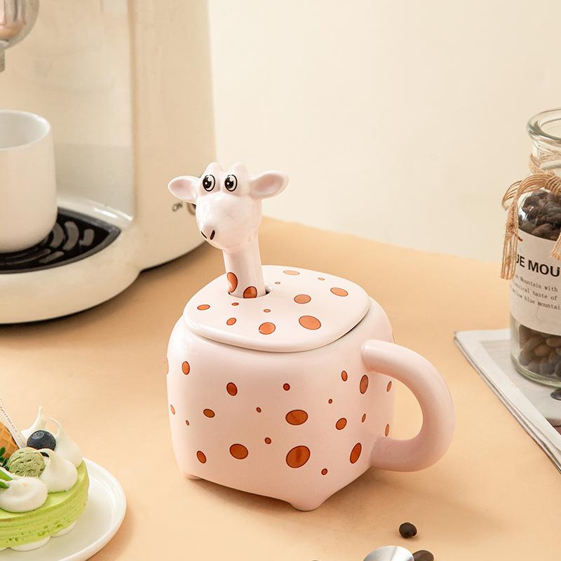 Creative Ceramic Cup Cartoon Giraffe Water Cup In’s Style Household Mug with Lid Large Capacity Coffee Cup