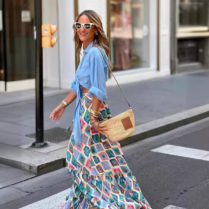 Qooth BOHO A-Line Maxi Skirt with Floral Print Elastic Waist Wide Hem Summer Casual Dress Skirt QT2724