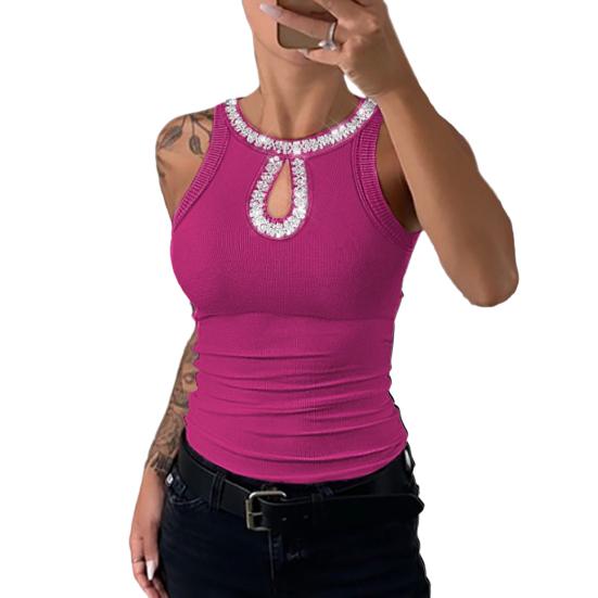 Women Vest Round Neck Sleeveless Shiny Sequin Decoration Tank Tops Hollow Design Slim Fit Camisole Daily Wear