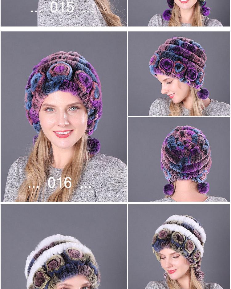 Women's Warm Rex Rabbit Fur Hat with Ear Protection and Pom-Poms