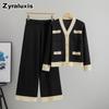 Korean Autumn New Style Color Block Knit Oversized V-Neck Cardigan Set Women's Loose Top Outerwear Two Piece Wide Leg Pants