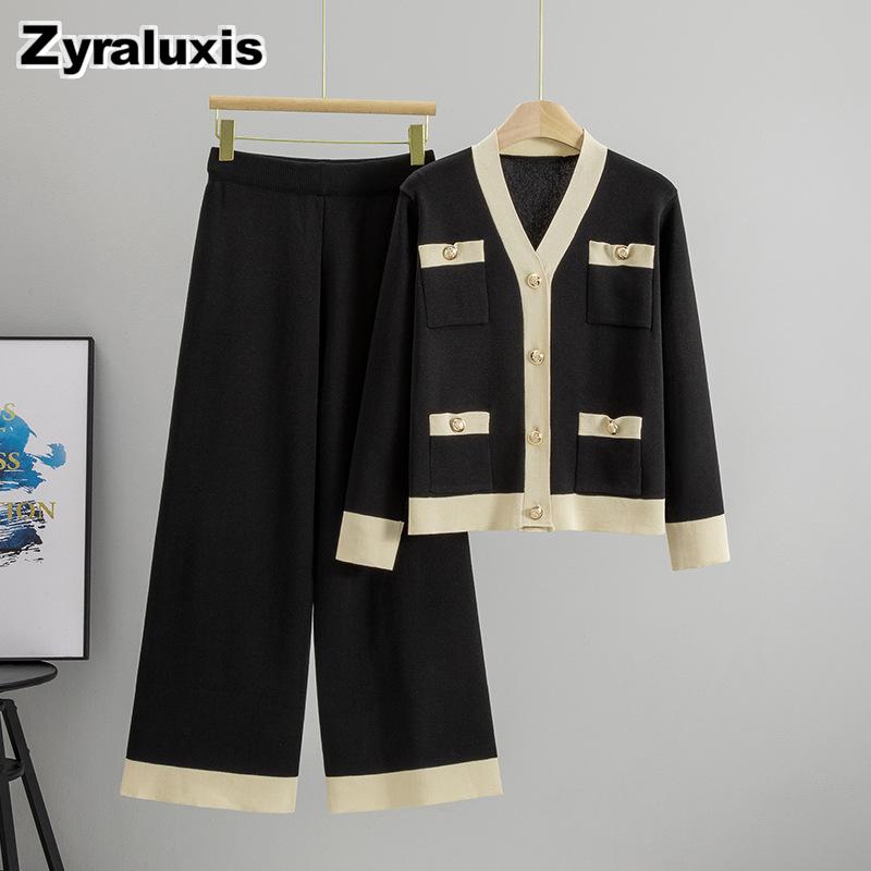 Korean Autumn New Style Color Block Knit Oversized V-Neck Cardigan Set Women's Loose Top Outerwear Two Piece Wide Leg Pants