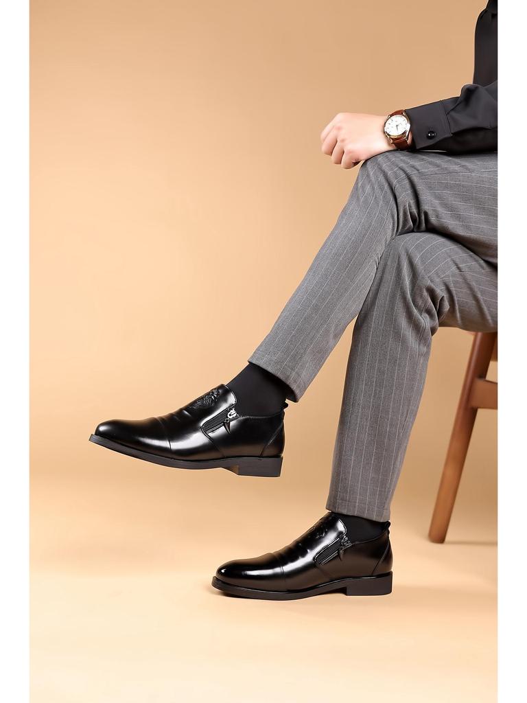 Men's Autumn/Winter Business Casual Leather Shoes with Lion Head Zipper – High & Low Top, Pointed Style