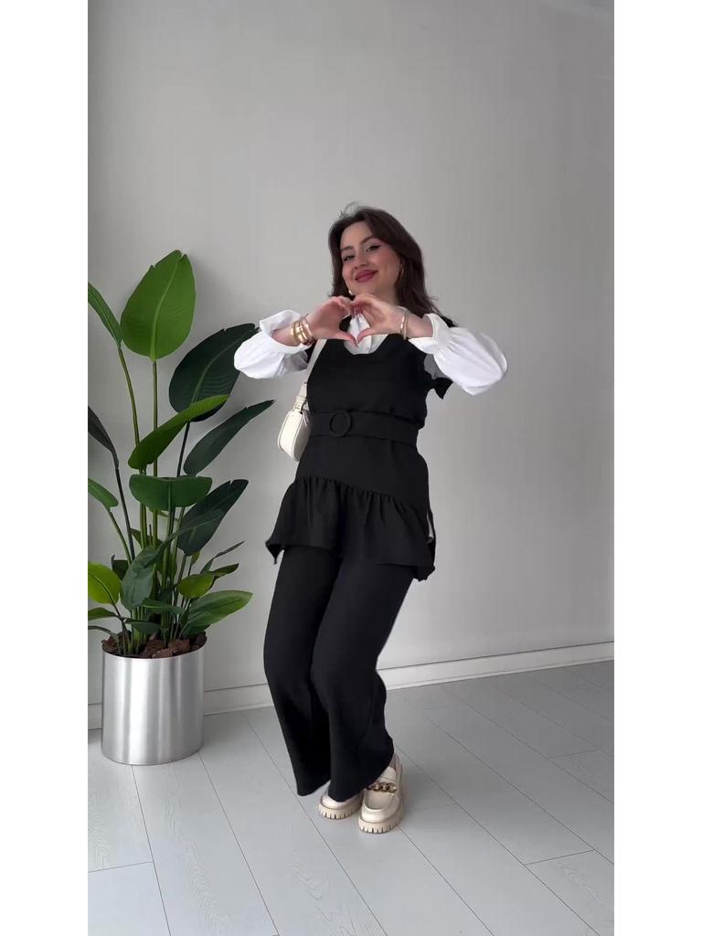 2024 Autumn Women's Solid Color Ruffle Sleeve Top & Wide Leg Pants Set