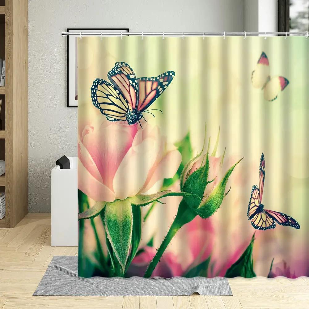 Spring Flowers Butterfly Shower Curtain Daisy Rose Orchid Floral Plant Home Decor Screens Waterproof Bathroom Curtains With Hook