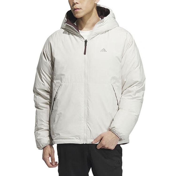 Adidas Reversible Hooded Down Jacket With Letter Logo Print Men Outerwear Beige IS0372