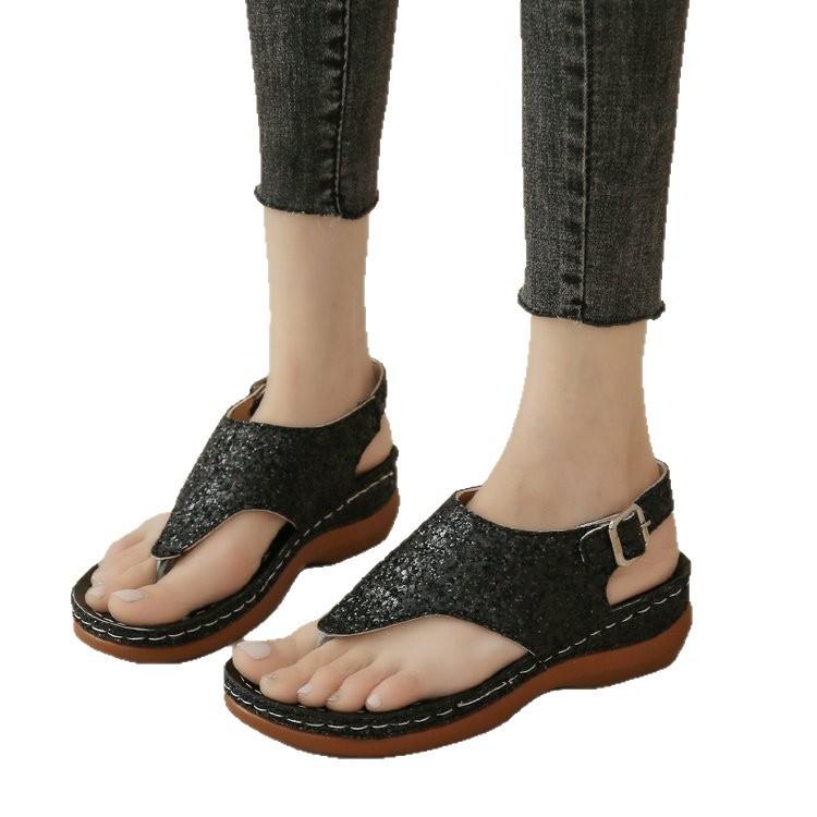 Foreign trade herringbone sandals summer new thick-soled wedge heel toe women's shoes buckle casual sequins retro large size sandals