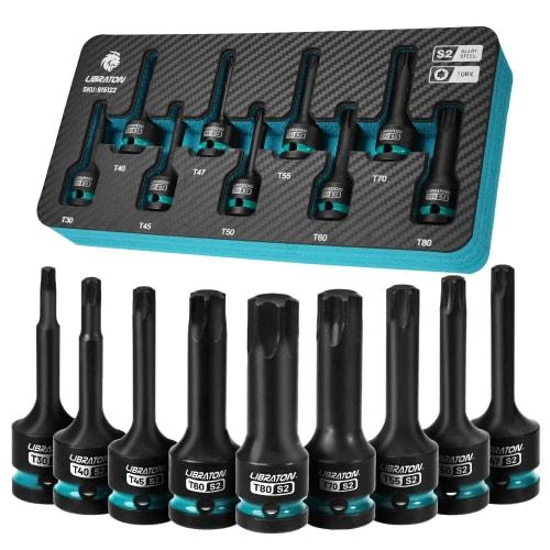 LIBRATON Torx Bit Socket Set, 1/2-inch (12.7mm) Drive, S2 Steel, Star Bit Socket Set, T30-T80, Impact Torx Socket Set, 9-Piece Set