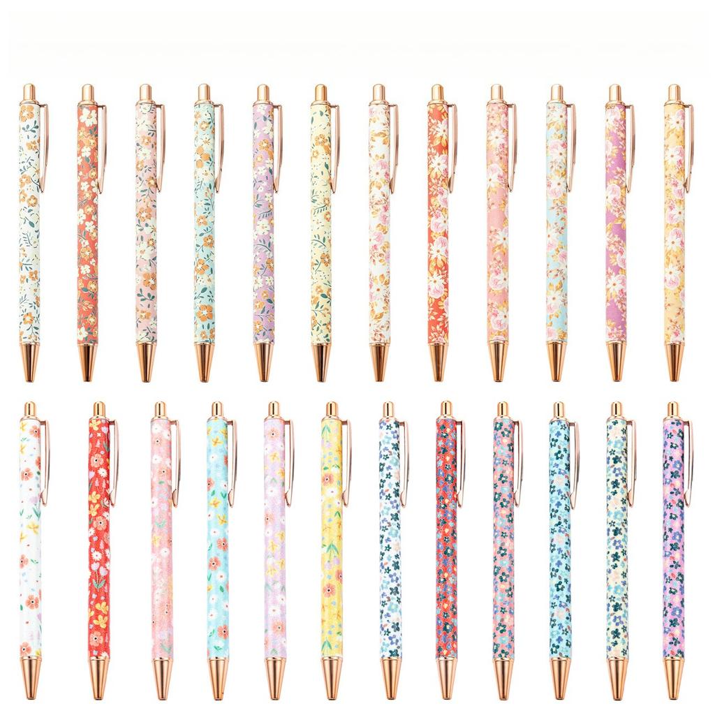 24/12/6pcs Flower Art Pens, Flower Ballpoint Pens, Metal Extendable Bullet Shaped 1.0 Black Ink Pens Diary Gifts, School Offices