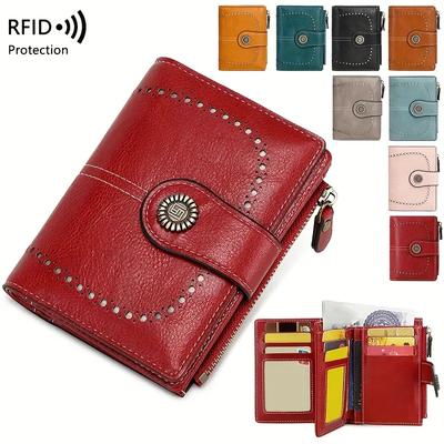 Retro Three-fold RFID Shielding Women's Short Wallet, Solid Color Large Capacity Daily Fashion Versatile Clutch Bag