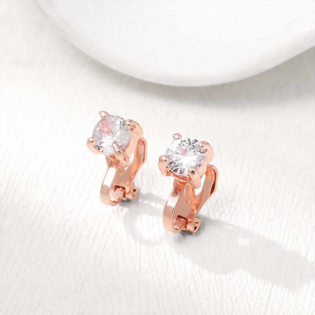 Earrings, Stylish And Simple, Four-Claw Round Rhinestone Without Ear Piercings, Ear Clips, Copper Earrings.