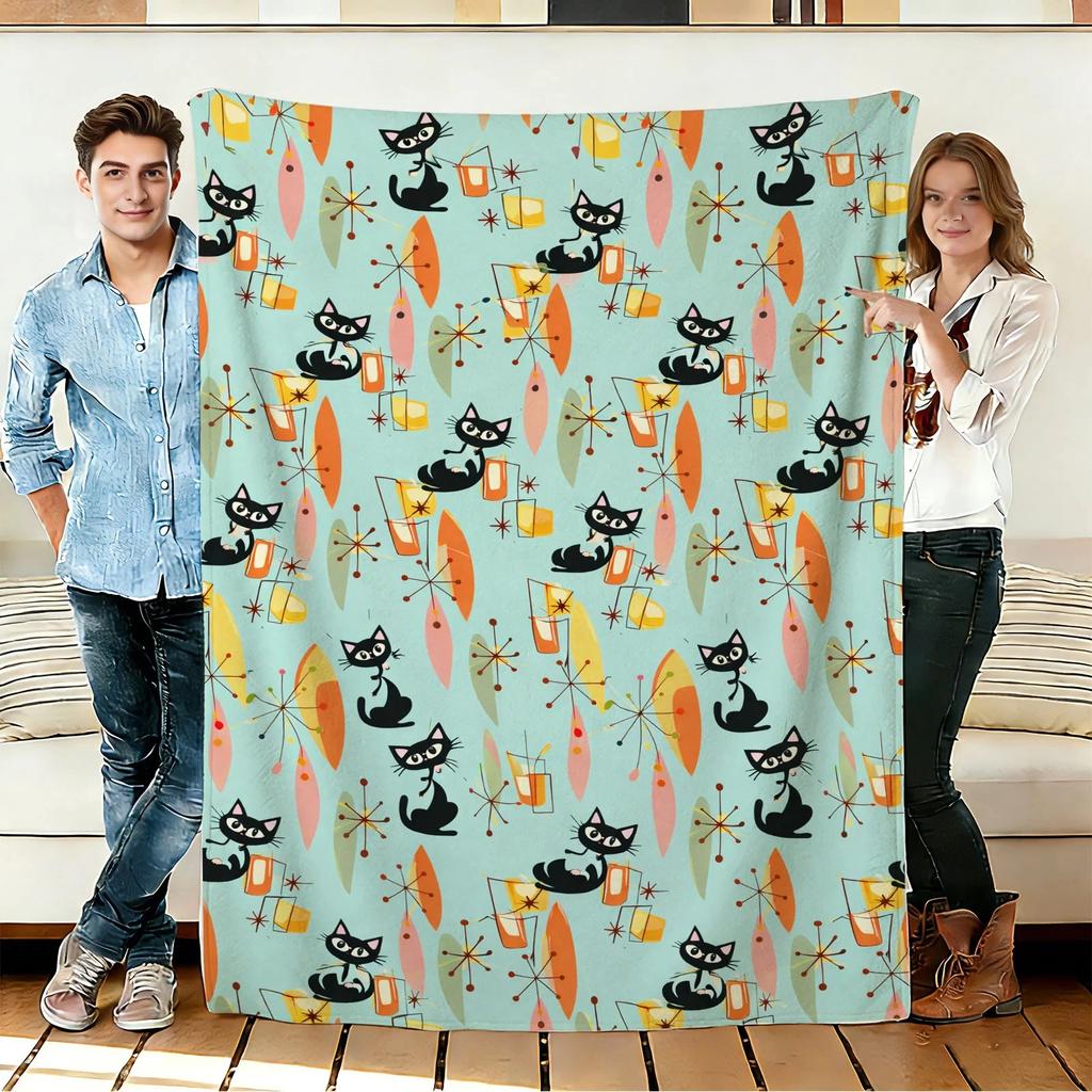 Retro Black Cat Pattern Flannel Blanket Soft Cozy Throws Napping Travel Use