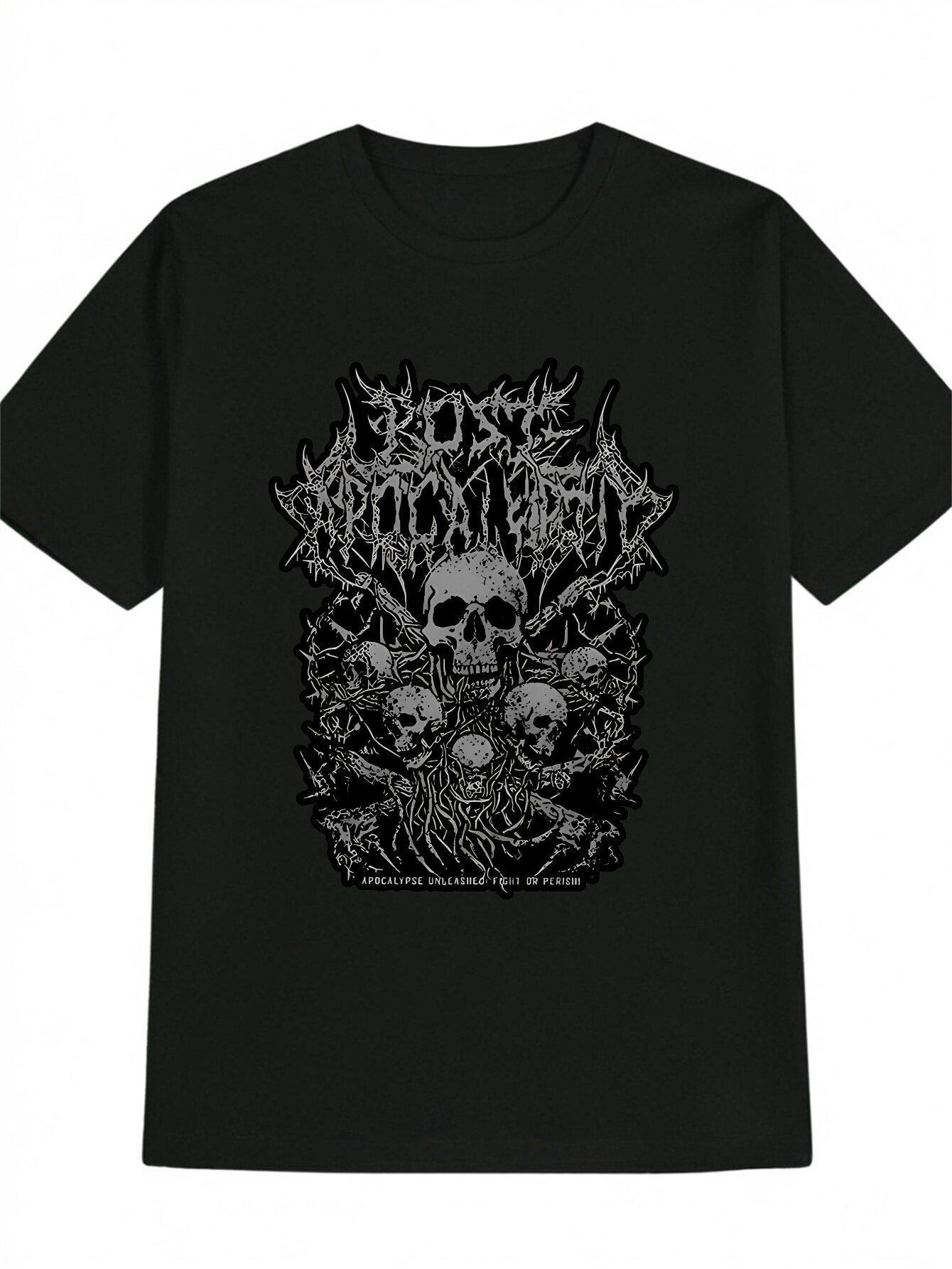 Casual Graphic T-shirt - Black Skull & Floral Print Round Neck Summer Tee XL
