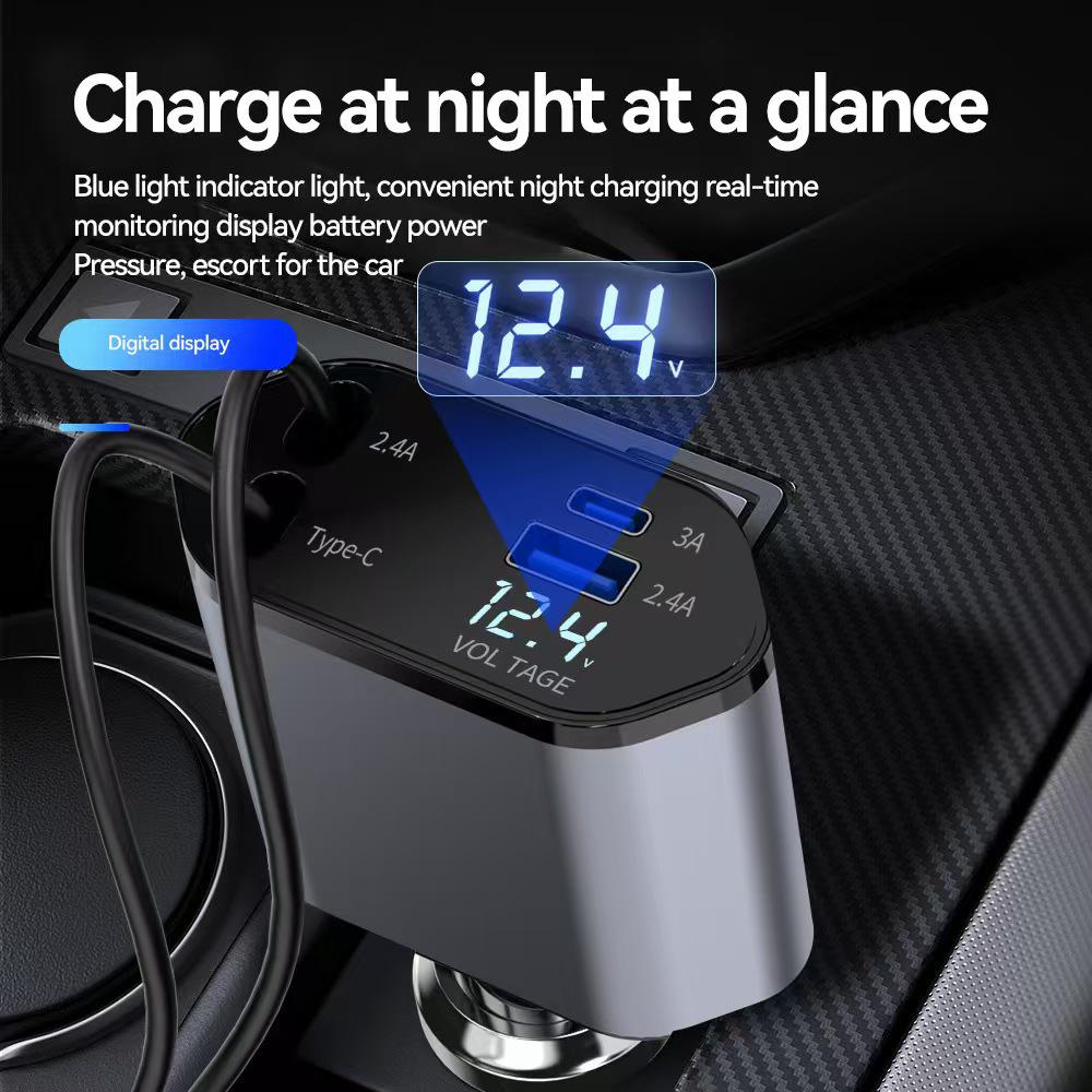 120W Aluminum Alloy Car Charger with Retractable Cable, Super Fast Charging, Four-in-One for Apple Devices