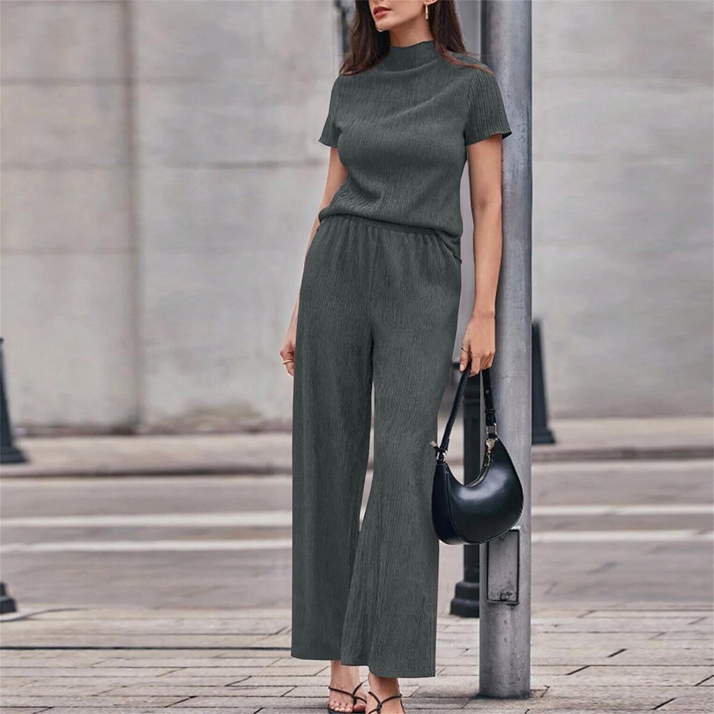 Women's 2-Piece Fashion Casual Short-Sleeve Turtleneck Loose Top + Wide-Leg Pants Loungewear Set
