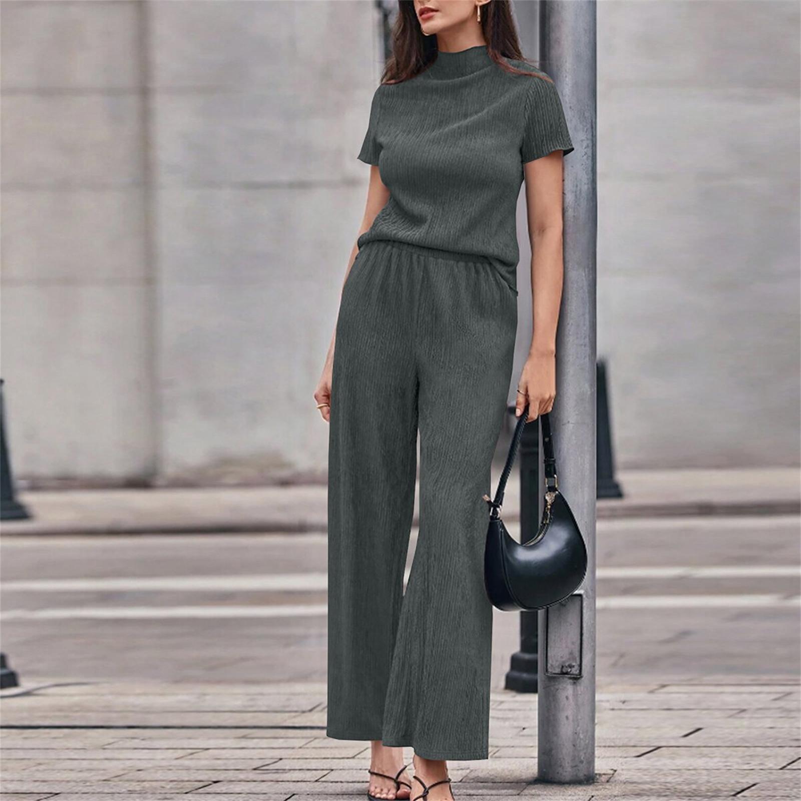 Женский модный повседневный комплект из 2 предметов: свободный топ с коротким рукавом и водолазкой + широкие брюки, домашняя одежда M