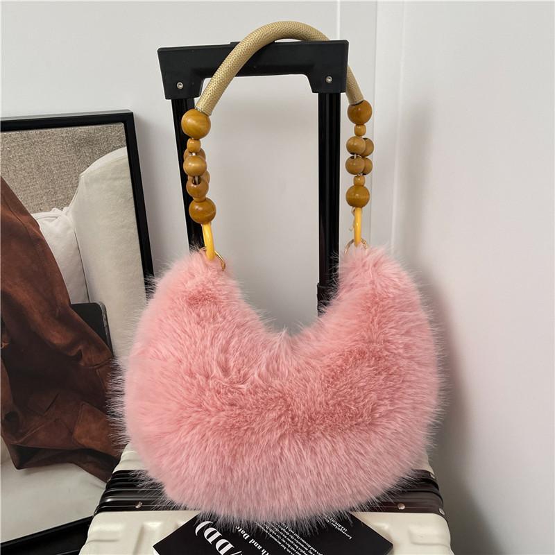 Winter Unique Plush Shoulder Bags for Women Large Capacity Ladies Beaded Design Handbags Solid Color Girls Faux Fur Hobos Bag