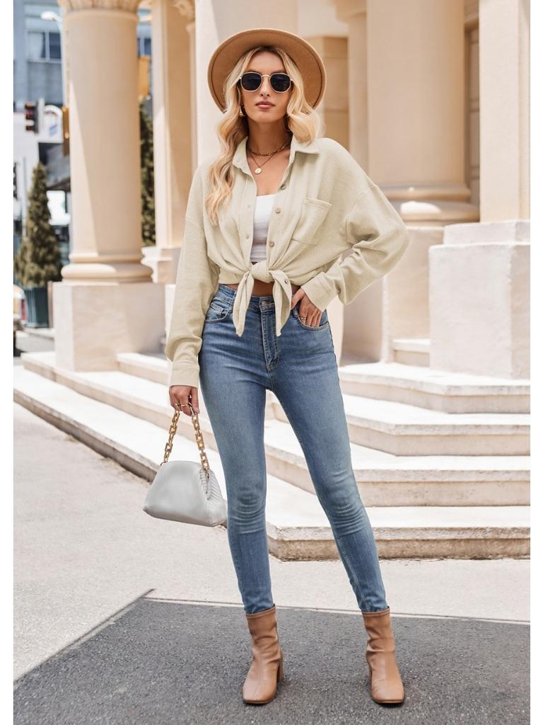 Single Breasted Pocket Waffle Fashion Shirt 2023 Women's Autumn and Winter New European and American Casual Loose Tops