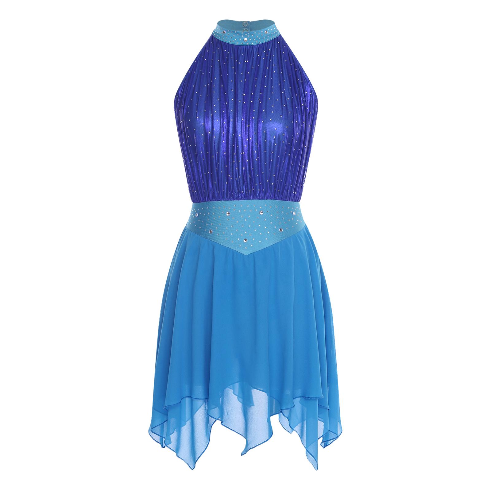 

Жіноча лірична танцювальна сукня з драпіруванням, металевою сіткою, деталями з кристалів, нерівним подолом, без рукавів, з відкритою спиною, вбудованими трусиками, леотард S синій