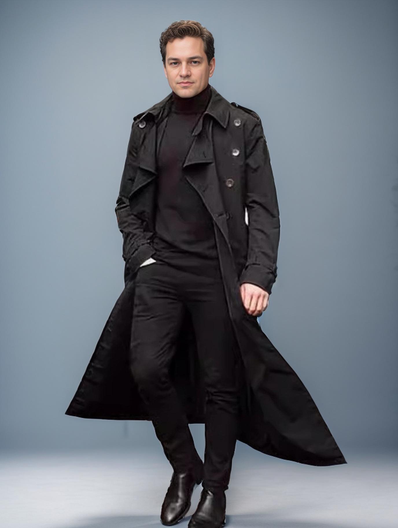 

Мужской длинный черный тренч, приталенное двубортное пальто с поясом, повседневная деловая верхняя одежда XXL