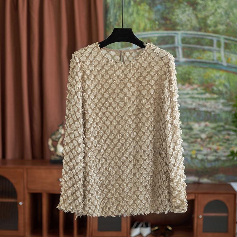 

Fashionable Two-Color Silk Burnout Sweater: Luxury Round Neck Long Sleeve Top Medium абрикосовый