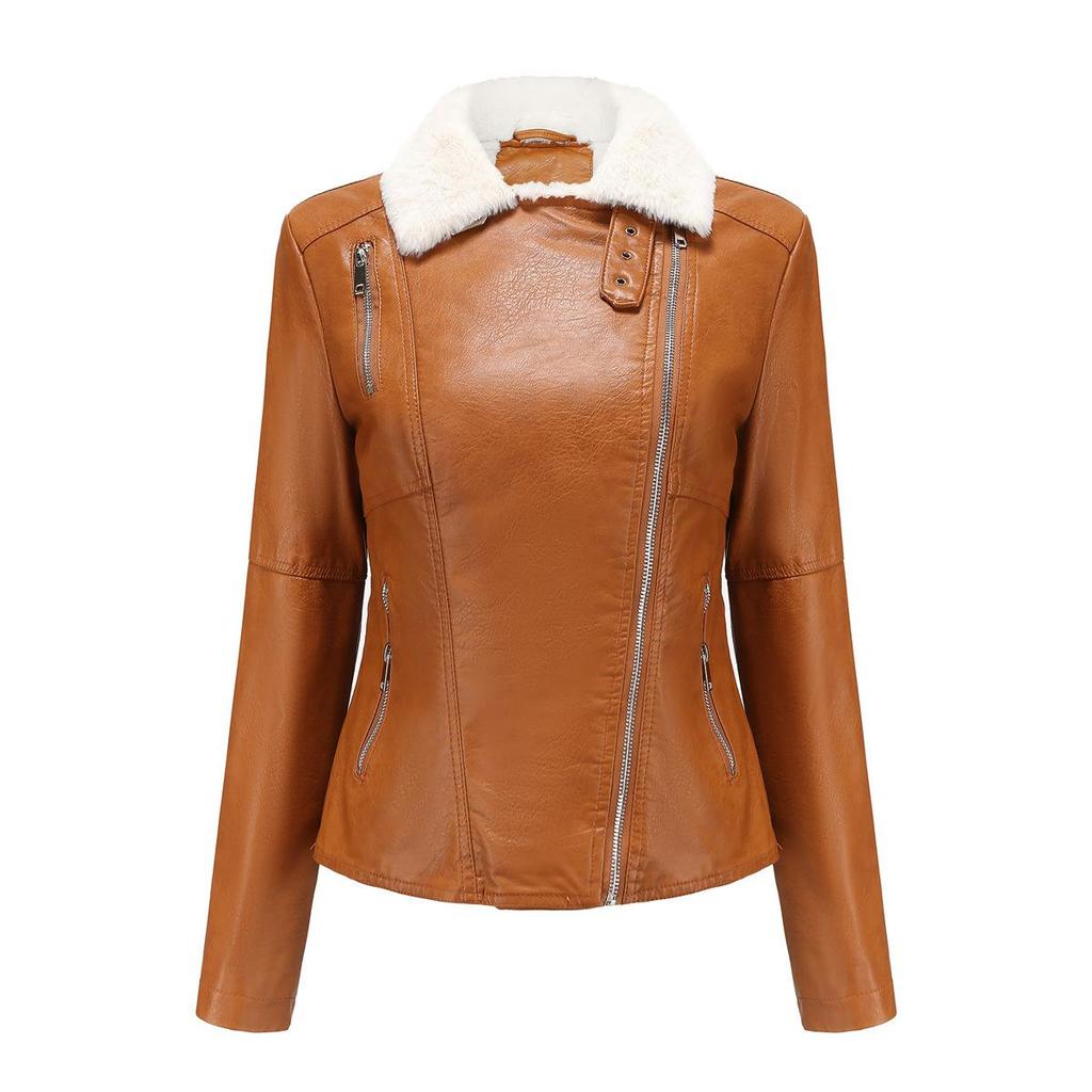 2026 Autumn Winter Women's Plus Velvet Leather Jacket Fema Fur Integrated Leather Coats Women Thicken Lapel Casual Jacket