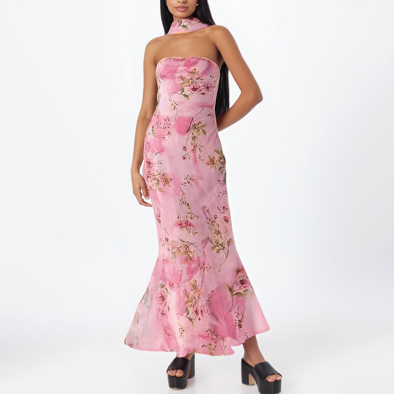 

Ladies Fashionable Temperament Floral Multicolor Suspender Beach Vacation Fish Tail Waist Cinched Dress S