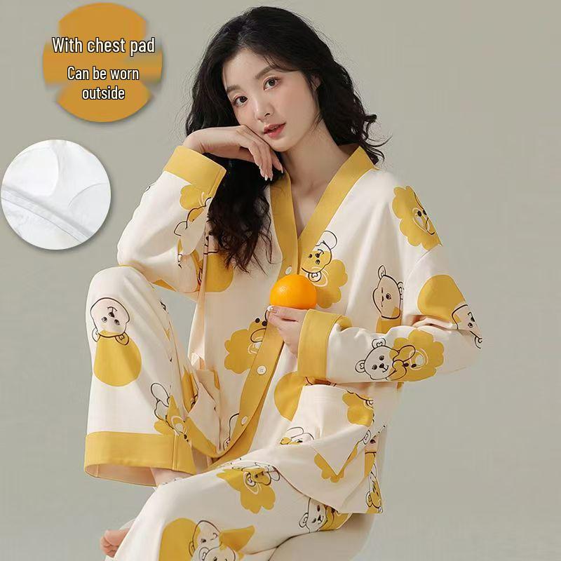 Women's Plus Size Striped Pajama Set with Chest Pads - Long Sleeve & Pants, Korean Style Cardigan for Indoor & Outdoor Wear, Spring/Autumn