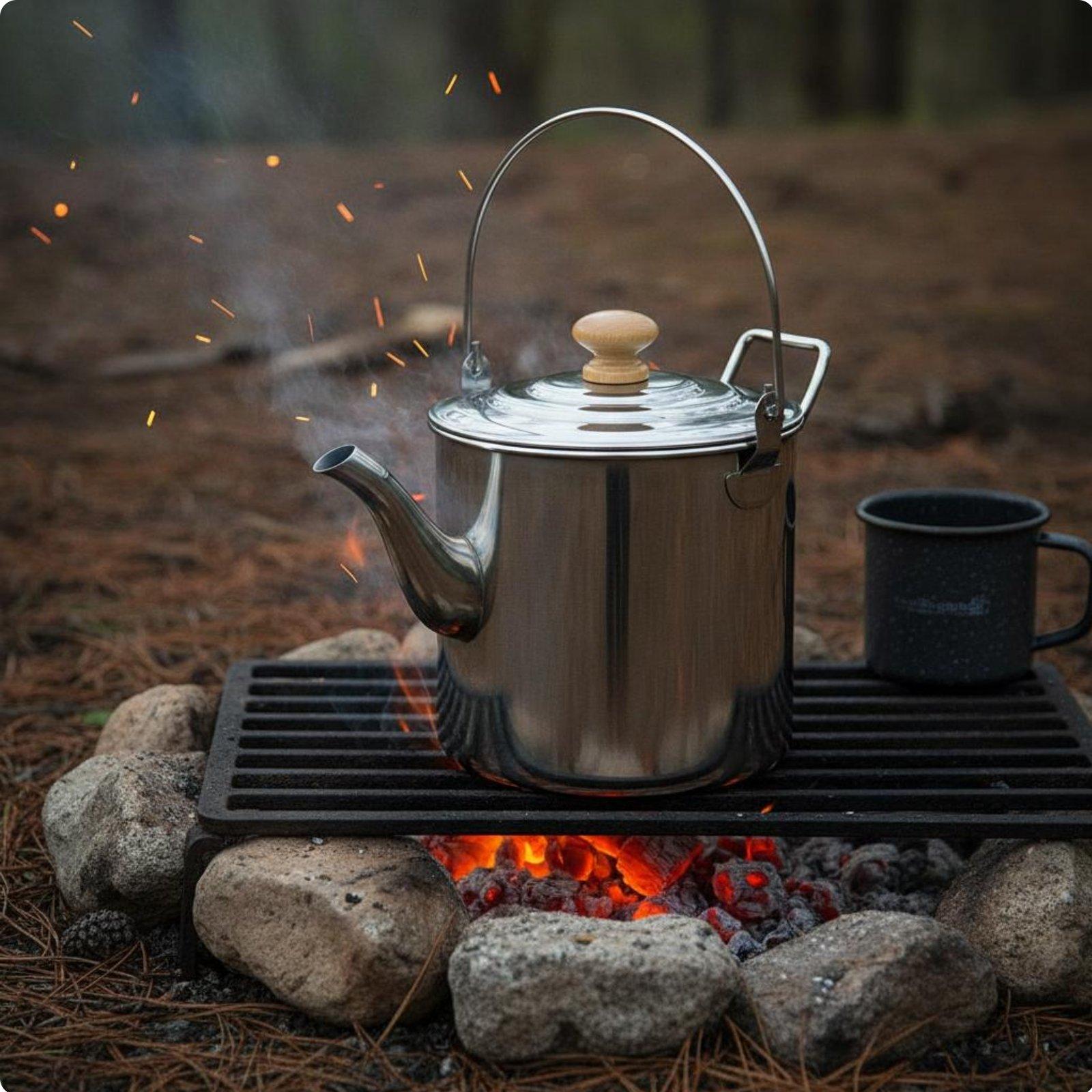 Stainless Steel Campfire Kettle Long-Lasting Portable Outdoor Tea Pot Camping Water Boiling Pot Wooden Knob Lid for Hikers