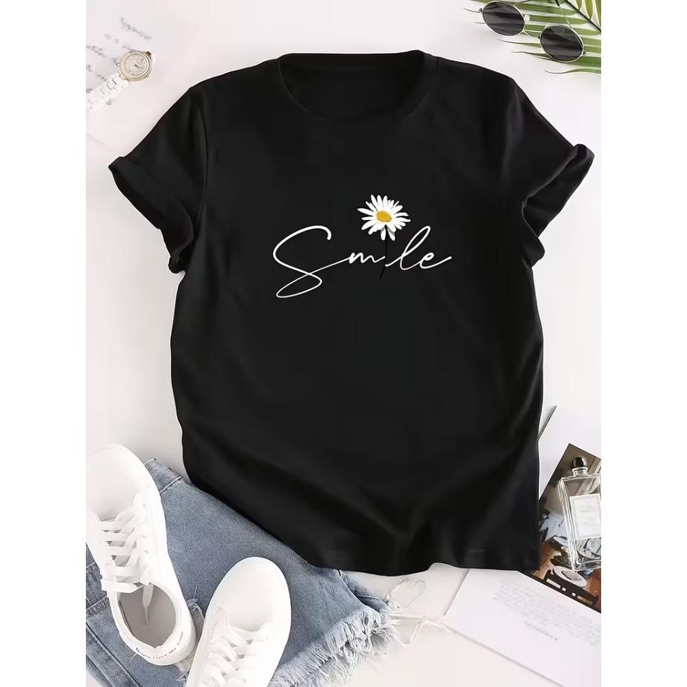 Cute Flower & Letter Print Casual T-shirt Durable Plus-size Casual T-shirt Daily Commute Travel Fashion Streetwear