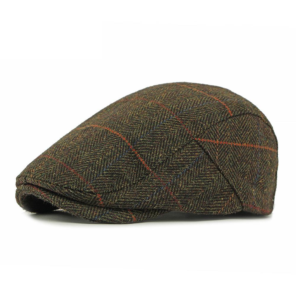 Autumn Winter Men's Hat Middle-Aged Wool Forward Cap British Vintage Beret Plaid Peaked Cap