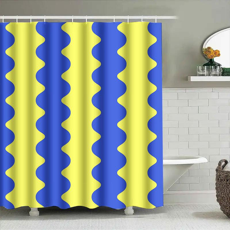 Bright Blue Yellow Shower Curtain Set Polyester Waterproof Bath Decor With Hooks (Set Of 1)