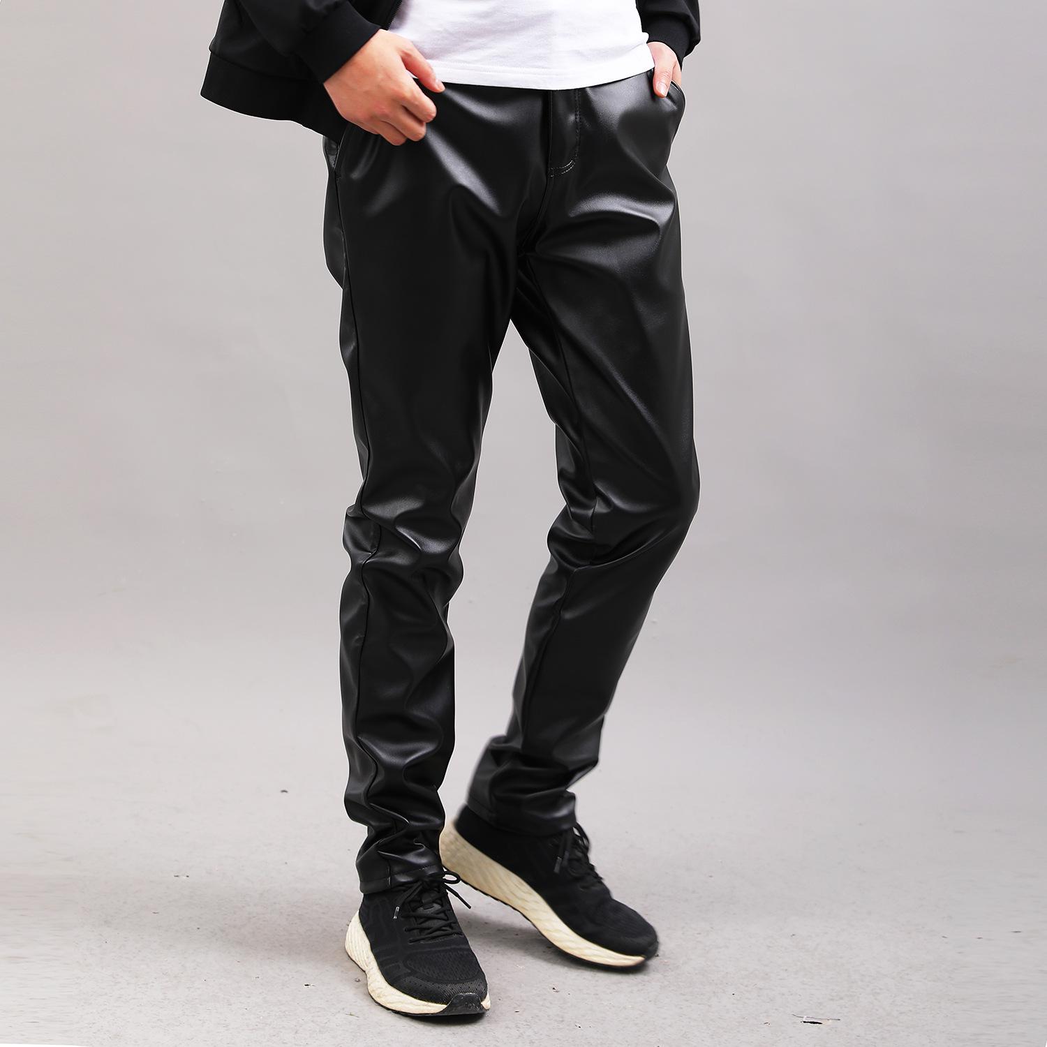 

Men s Stretchy PU Leather Pants - Slim Fit, Tapered Leg, Deep Wine Red, Bronze & Brown for Young and Middle-Aged 38