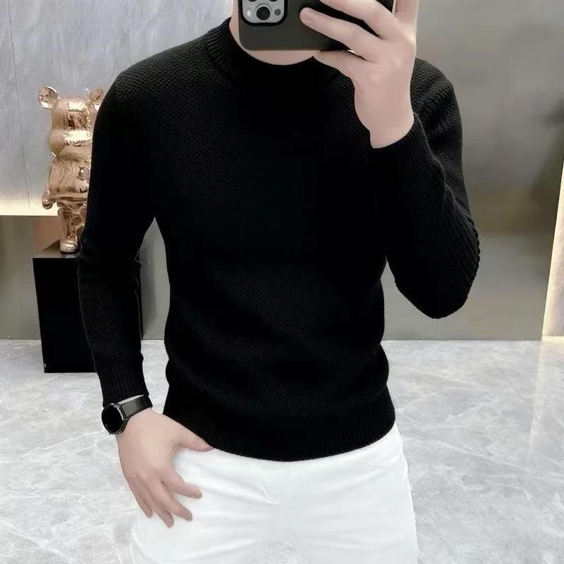Men's Solid Color Round Neck Wool Knit Sweater - Versatile and Trendy Pullover