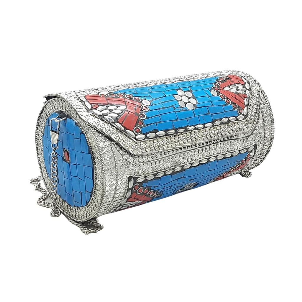 Eye Catching Handmade Cylinder Round Ethnic Stone Metal bag Antique Bridal clutch