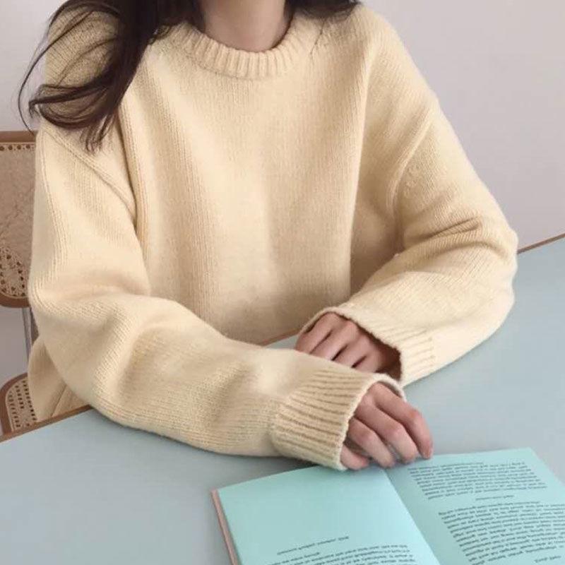 Korean Sweater Women's Loose Knit Sweater Lazy Style Pullover Sweater Round Neck Sweater Autumn and Winter