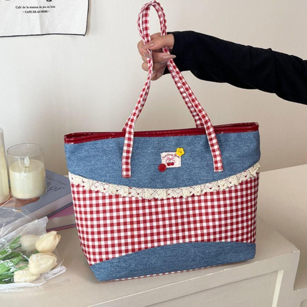 Lattice Lace Bow Shoulder Bag Rural Style Commuting Tote Bag Retro Denim Plaid Handbag Students