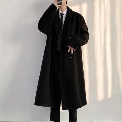Men's Casual Mid Length Coat, Knee Kength Suit Collar, Solid Color Woolen Coat