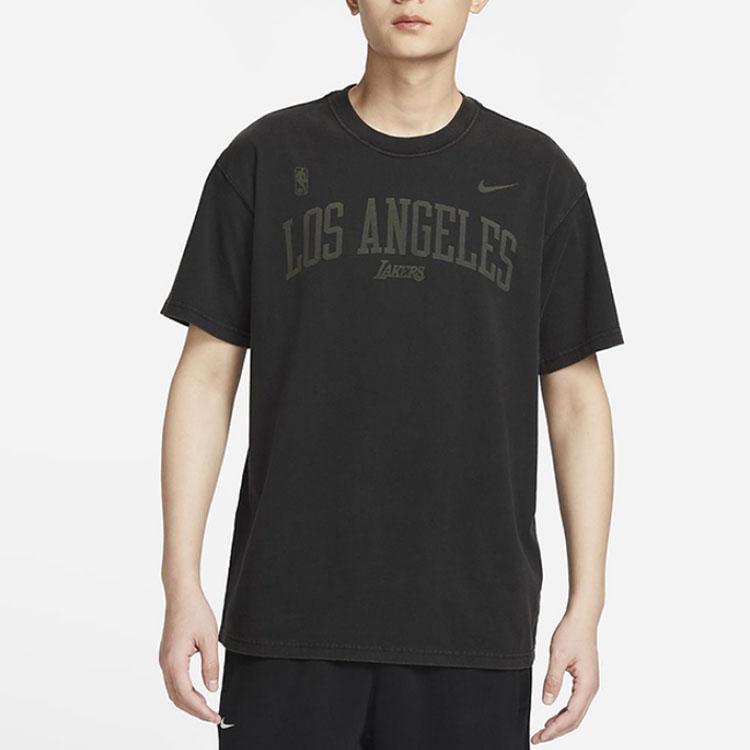 Nike Tricou cu mânecă scurtă NBA Los Angeles Lakers, cu litere, cu imprimeu, cu decolteu, pentru bărbați, negru DR6323-010