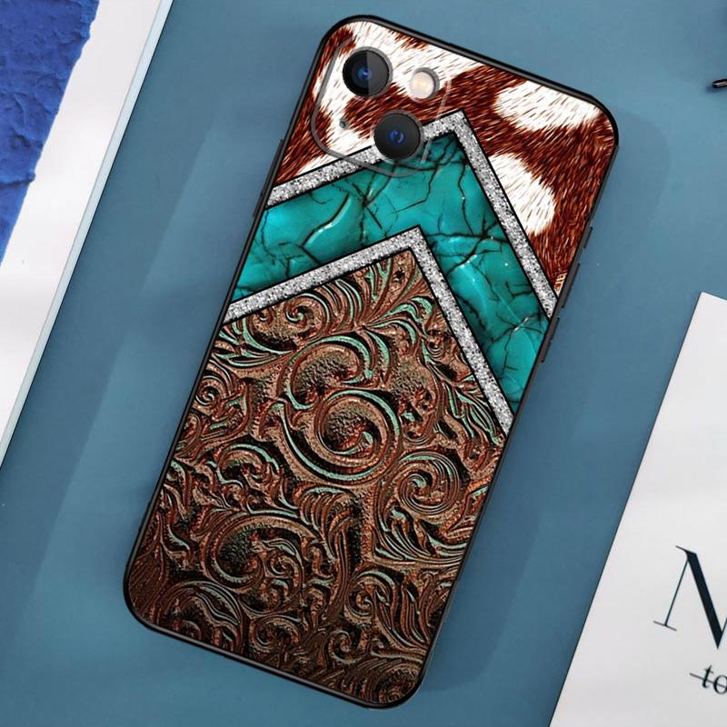 Brown Tooled Leather Pattern Case For iPhone 15 11 12 13 14 Pro Max 12 13 Mini X XS Max XR 7 8 Plus SE 2020 Cover Coque