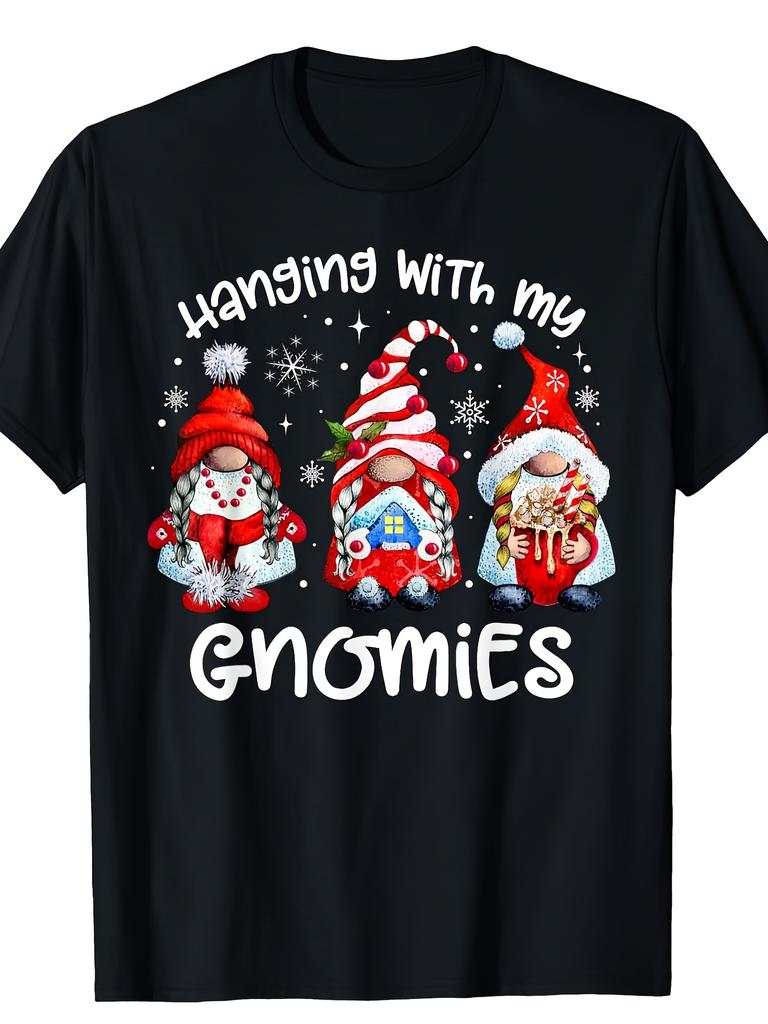 Cozy Family Matching Pajamas - Festive Christmas Gnome Print, Short Sleeve Crew Neck T-Shirt for Men