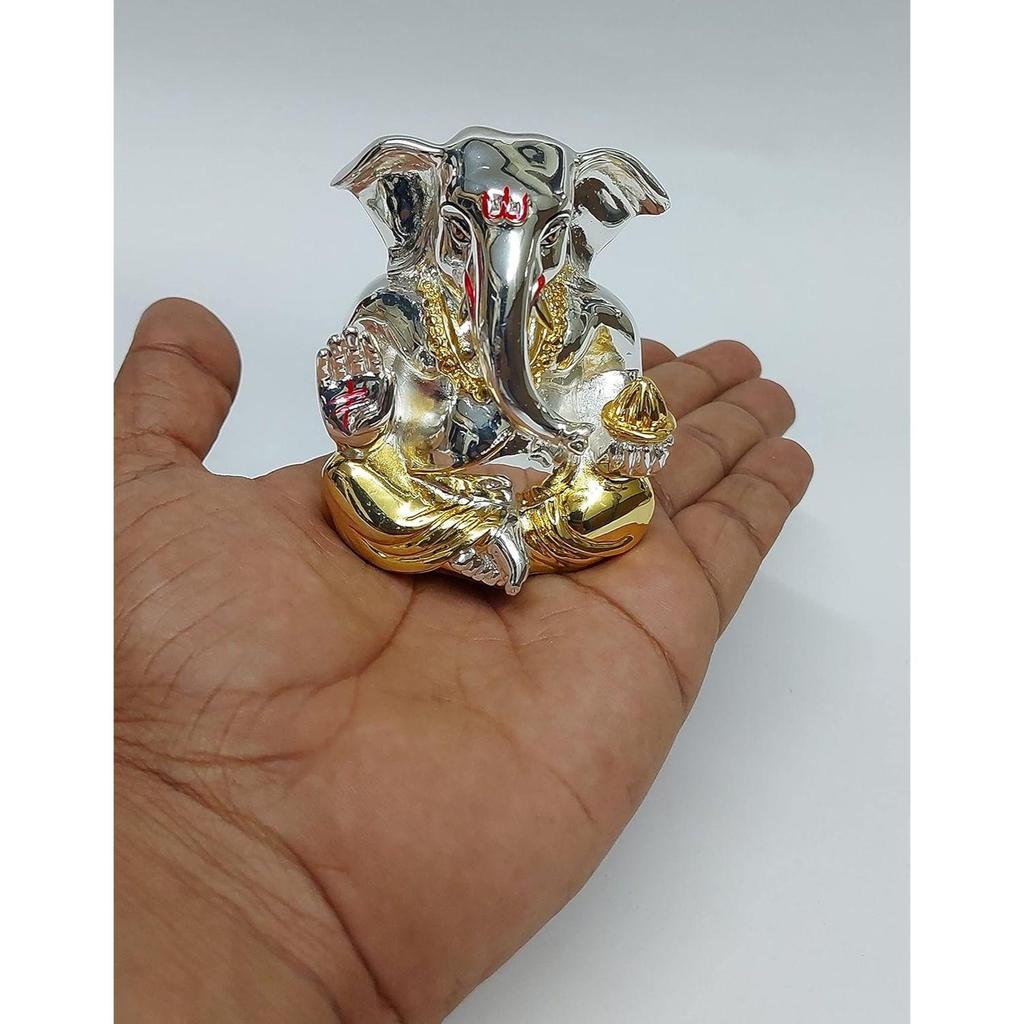 Gold and Silver Plated Resin Ganesh Idol for Car Dashboard God Ganesha Idol for Home Decor Ganpati for Gift (Small, Two Tone)