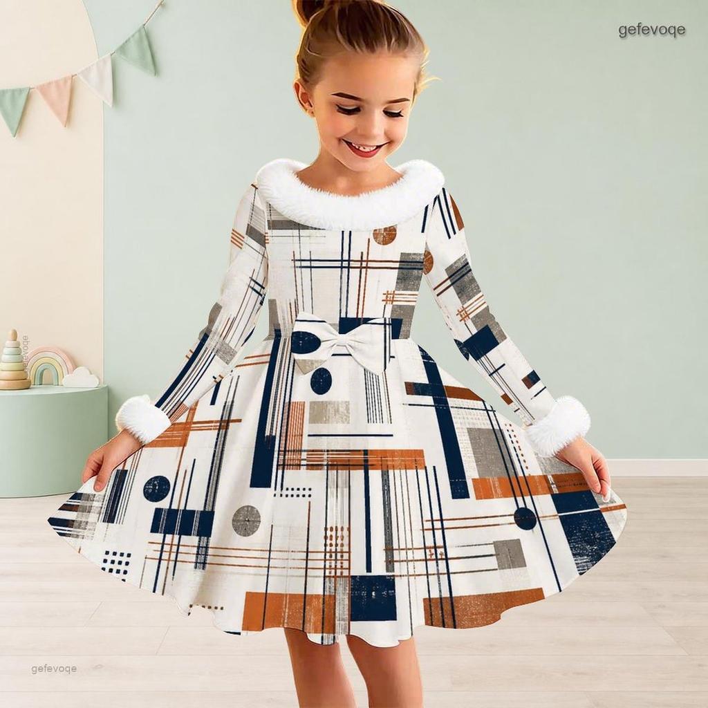 Girls Furry Trim Neck Long Sleeve Geometric Printed A Line Flared Dress With Waist Bow