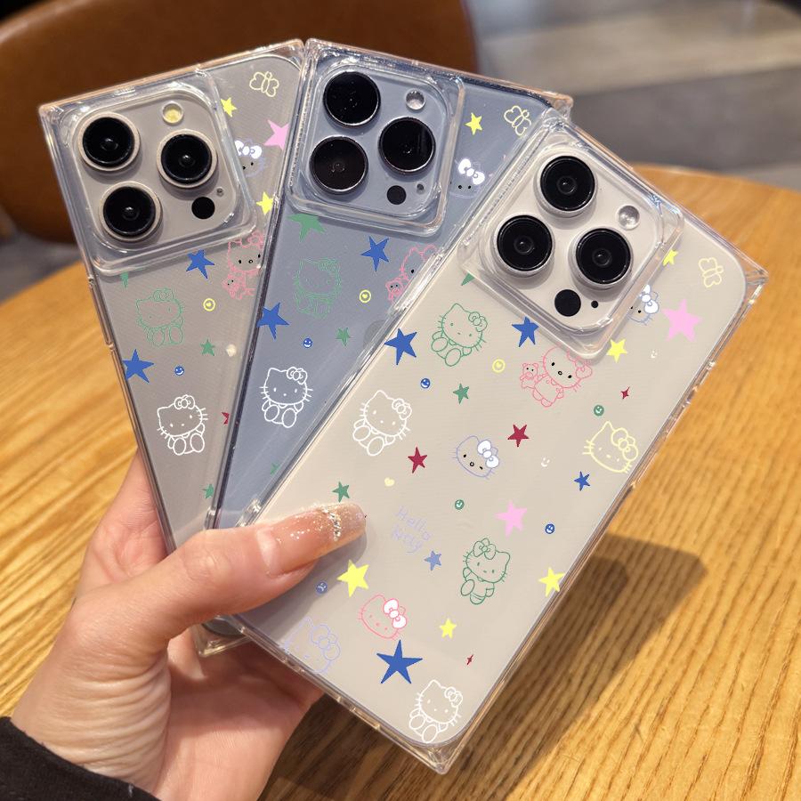 Simple and Transparent Hello Kitty for Iphone 15 Case with Painted Lines 14 Plus 13 Pro Max 12 11 Right Angled Edges  16 Promax