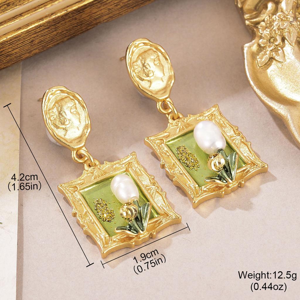 Monet Oil Painting Series Love Earrings Natural Pearl Flower Stud Earrings High Sense Personality Retro Fringed Earrings Women