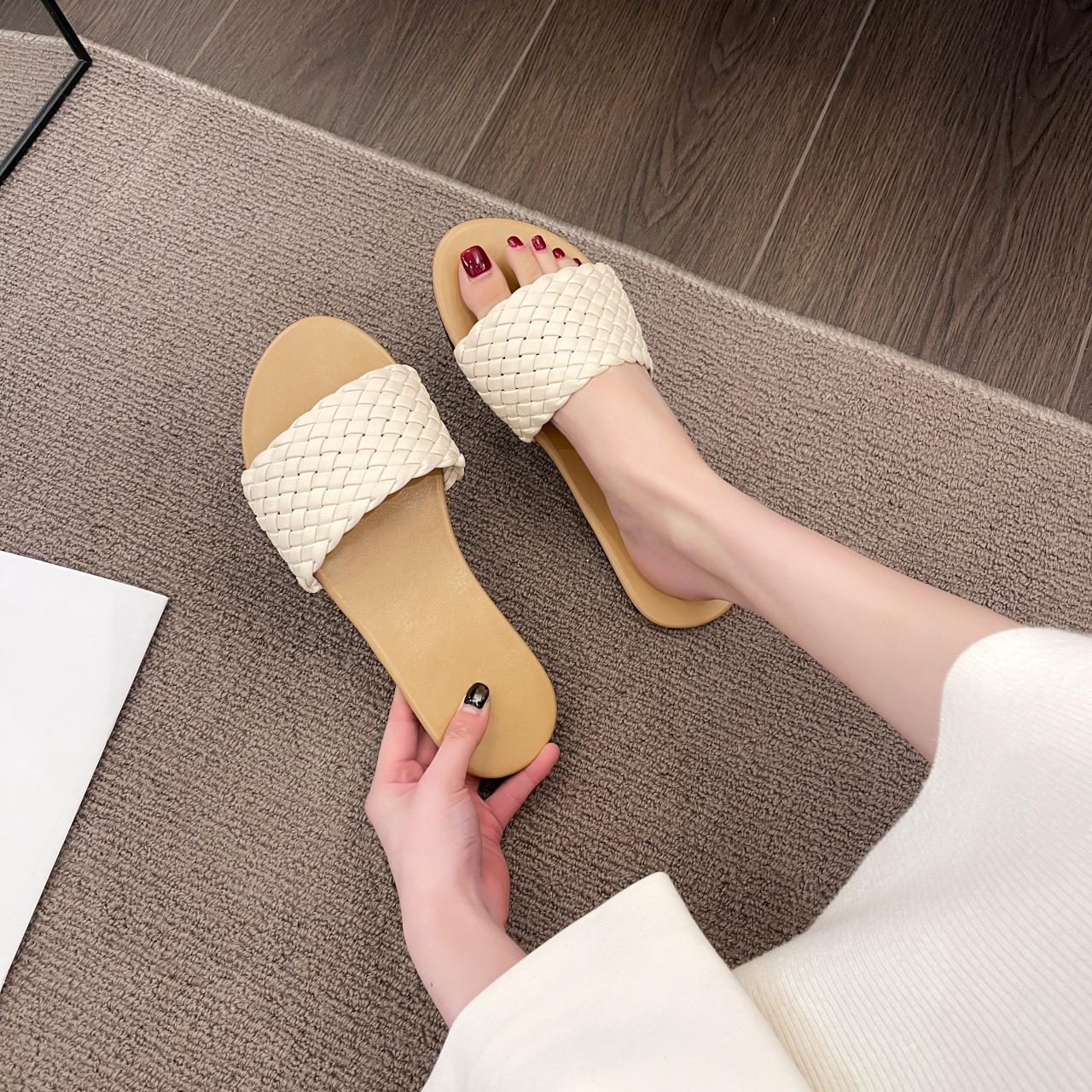 

Женские тапочки, летние легкие женские сандалии с тканым поясом, пляжная обувь 39 бежевый